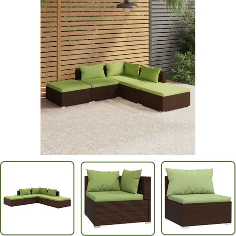 The Living Store Salon de jardin 5 pcs avec coussins résine tressée marron - Meubles De Jardin - Salon De Jardin - Ensemble De Canapés - Canapé D'angle - Canapé Extérieur (1/5)
