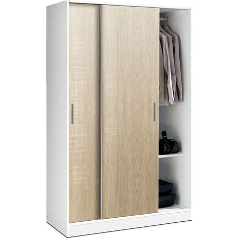 Armoire / placard de rangement de 2 portes coulissantes coloris Blanc / Chêne Cambrian - longueur 122 x profondeur 56 x hauteur 200 cm -PEGANE-