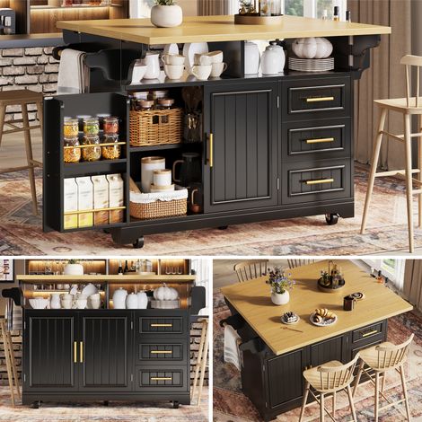 Îlot de cuisine multifonctionnel avec table à manger extensible et réglable, portes à motif vertical, nombreux rangements avec tiroirs, plateau rabattable double face, buffet/vaisselier sur roulettes (1/5)