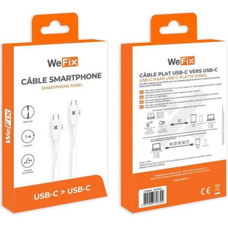 Câble téléphone portable Wefix Cable Plat USB-C vers USB-C 1M Blanc (1/2)