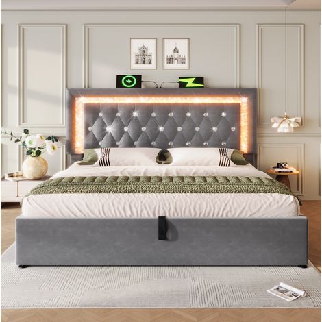 Letto imbottito 160x200 cm in velluto grigio con LED, USB e contenitore, senza materasso – MEUBLIV (1/5)