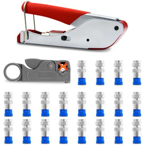 Pince à dénuder de câbles,Pinces à sertir avec 20 fiches F câble coaxial Kit d'outils de compression Rg59 Rg6 Pince à sertir à double lame les fils Kit de sertissage (1/5)