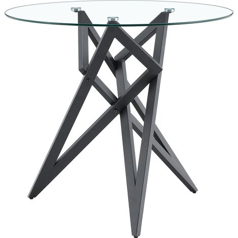 Runder Couchtisch aus gehärtetem Glas Ø 85 cm, schwarze geometrische Metallbasis (1/5)