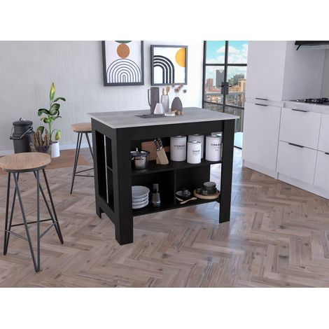Tuhome Concept – Isla de cocina Cala – 3 estantes – 103 cm ancho – 90 cm alto – Tablero aglomerado melaminado Wengue/Ibiza (1/5)