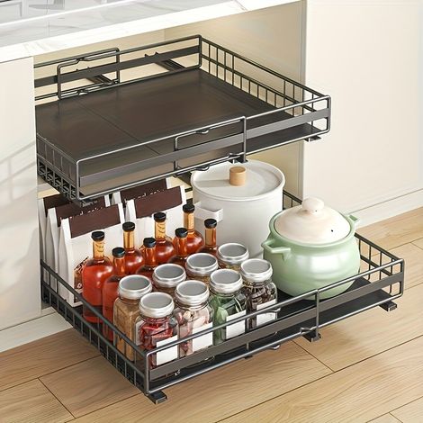 Lot de 2 étagères coulissantes, tiroirs coulissants avec bandes nano-adhésives, rangement pour armoires de cuisine, noir (1/5)