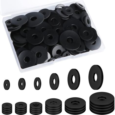 120pcs Rondelles Plates Caoutchouc, 30/25/20/16/12/10mm Rondelles en Caoutchouc Robuste Rondelle Plate Noire Coussinets Amortisseurs de Vibrations pour Appareils Électroménagers Robinets Vis (1/5)