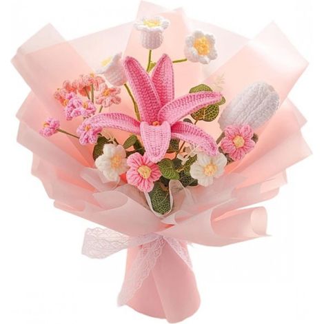Bouquets crochetés à la main, fleurs artificielles tissées aux finitions soignées, pour la décoration intérieure, les cadeaux, les anniversaires, les mariages et les compositions florales uniques. (1/2)