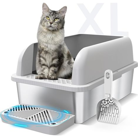 Stainless Steel Closed Litter Tray with Lid for Large Cats, XL Metal Litter Tray with High Walls, Non-Stick, Leak-Proof, Easy Clean (1/5)