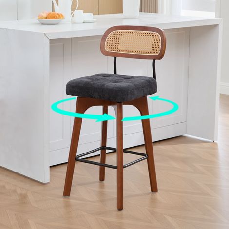 Set de 2 tabourets de bar pivotants 360°, tabourets cuisine et bar avec dossier, dossier en rotin et assise rembourrée, style mid-century moderne, pour cuisine, bar, îlot central et salle à manger, no (1/5)
