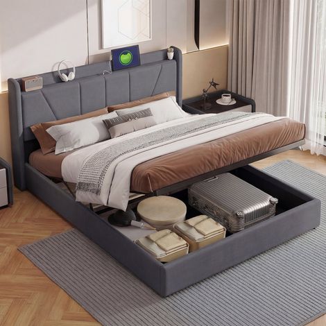 Chambre complete adulte,sommier 160x200,lit deux place,Lit coffre 160x200,lit Capitonné,rangement,ports USB et Type-C,Lin,Gris