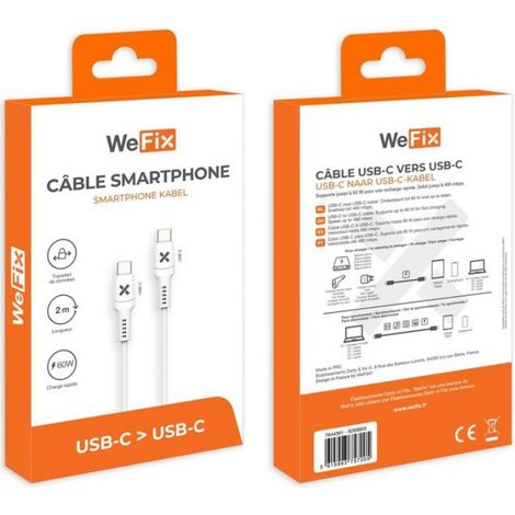 Câble téléphone portable Wefix Cable USB-C vers USB-C 60W 2m Blanc (1/2)