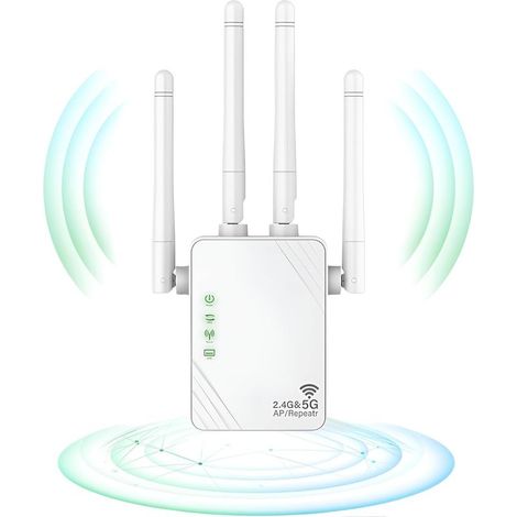 Répéteur WiFi, Extender WiFi, 1200MPs Amplificateur de Signal WiFi, 5GHz et 2.4GHz Dual Band WiFi Booster, Mode Repeater/Router/AP, 4 Antennes, 2 LAN (1/5)