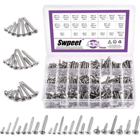 Lot de 435 vis autotaraudeuses à tête bombée en acier inoxydable 304 3 types 6810 SAE 304 et cruciformes, vis autotaraudeuses à bois avec tête bombée en acier inoxydable 410, vis (1/5)