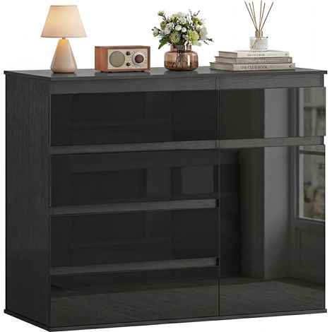 Modernes Sideboard, Stauraum-Sideboard mit 5 Schubladen, verstellbarem Regal, Soft-Close-Tür, Schwarz Hochglanz