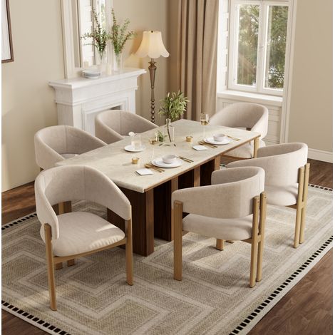 Set di 6 sedie da pranzo in metallo effetto legno, lino beige, con braccioli, 61,5x52,5x83 cm (1/5)