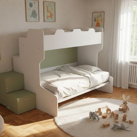 Letto a castello con gradini a cassetti e passerella - Una piazza e mezza e singola - Bianco e Salvia