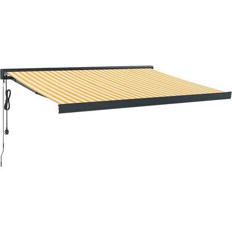Store banne rétractable à rayures jaunes et blanches, 3 x 2,5 mètres, en tissu et aluminium. (1/5)