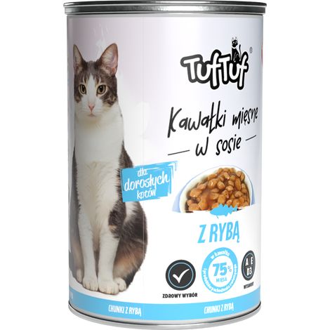 Cibo umido per gatti TufTuf, lattina da 415 g con bocconcini in salsa a forma di pesce. (1/2)