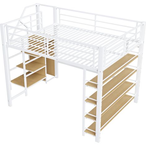 Lit mezzanine 140x200 cm avec escalier de rangement, petit dressing et étagères, cadre en métal blanc pour chambre d'enfant sans matelas (1/5)