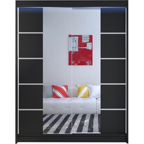 Armario Closico 146, Negro, 200x150x58cm, Puertas de armario: Correderas, Número de estantes: 5, LED (1/4)