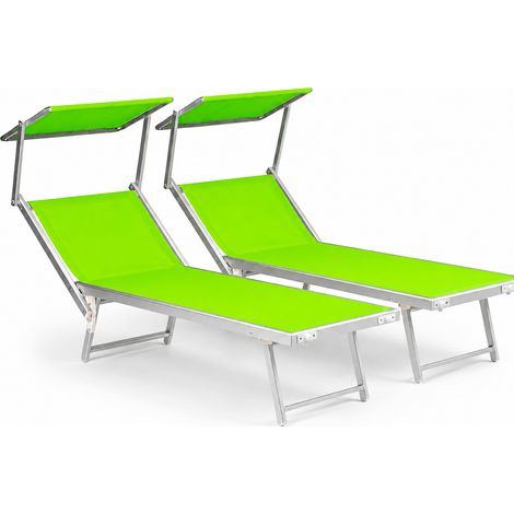 Coppia Di Lettini Prendisole Pieghevole Professionale In Alluminio Tettuccio Orientabile Tettino Parasole Sdraio Lettino Prendi Sole Mare Spiaggia Piscina Giardino 182 x 60 x 38 cm Verde Fluo