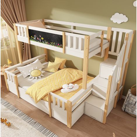 Kinder-Etagenbett 253 × 145 × 150 cm, Weiß/Natur, mit Stauraum – MEUBLIV (1/5)