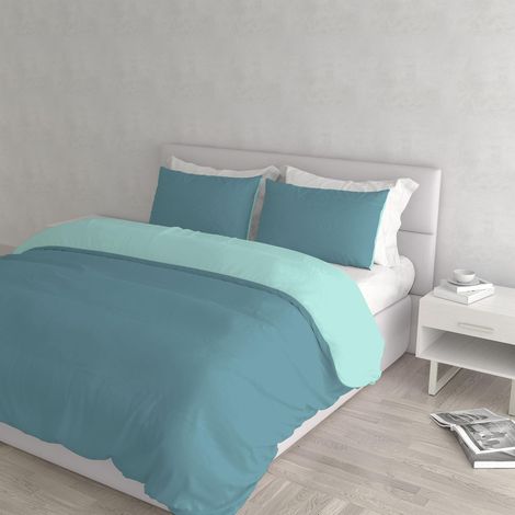 housse de couette double-face couleur unie avec taies d'oreiller, 100 % Coton, Sarcelle/Vert Eau (1/5)