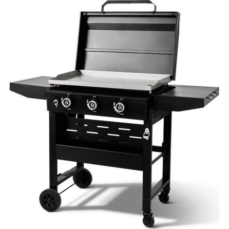 BRASERO BY FAVEX - Plancha gaz sur chariot  Stellar 700 - 3 brûleurs – 12 kW – Plaque inox 69,5 x 44 cm  – Jusqu'à 12 convives – Tablettes rabattables, roues et capot