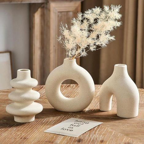 Ensemble de trois vases en céramique beige, style bohème moderne, adapté à la décoration de la maison, adapté à l'herbe de la pampa, forme ronde (1/4)