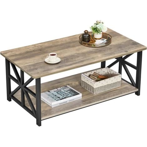 Table basse ronde X-Frame avec étagère 2 niveaux style rustique 100 x 55 x 47,5 cm (1/4)