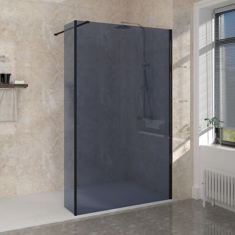 NRG Matt Black 8mm Walk In Shower Enclosure Wet Room Grey Glass Screen 1200mm with 300mm Return Panel (1/5)