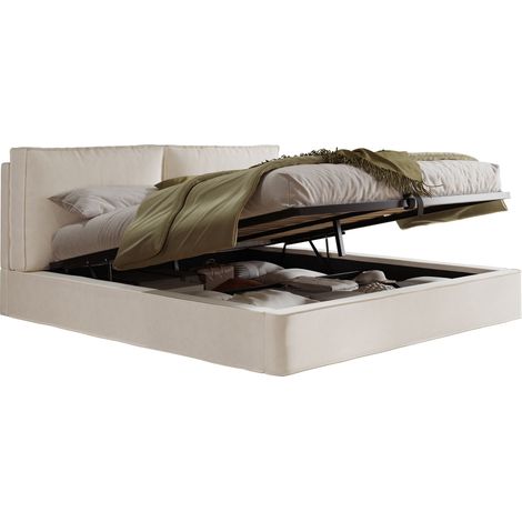 Polsterbett Doppelbett mit Hydraulischem Stauraum, Kopfteil, 180 x 200 cm, Ohne Matratze, Beige (1/5)