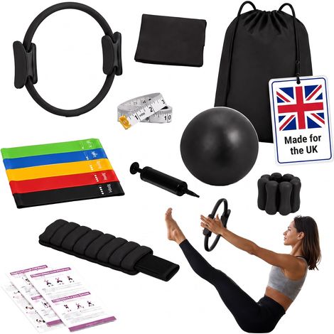 Relaxdays Pilates Set, 13-piece, ring, ball, 6 resistance bands, weight cuffs, Pilates accessories for home, black