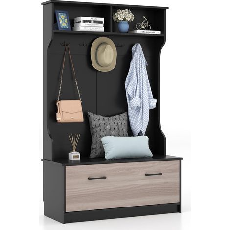 Costway – Meuble d'entrée 4 en 1 avec banc à chaussures – 5 crochets doubles – 2 étagères ouvertes – Armoire à porte avec tige pneumatique – 100 x 40 x 160 cm (Noir)