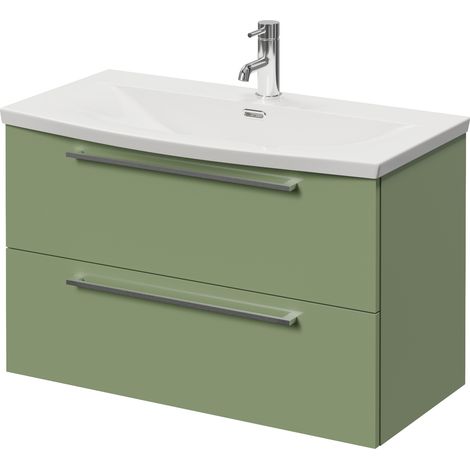 Napoli 390 Olive Green 800mm Wall Mounted 2 Drawer Vanity Unit with Arc Basin - 800mm - Chrome 480mm Handle