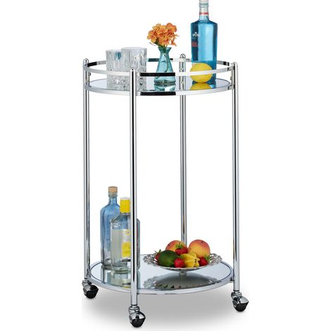 Relaxdays Servierwagen rund, Barwagen mit 2 Etagen, Stahl, verspiegelte Ablagen, Teewagen mit Rollen, 75 x 50 cm, silber