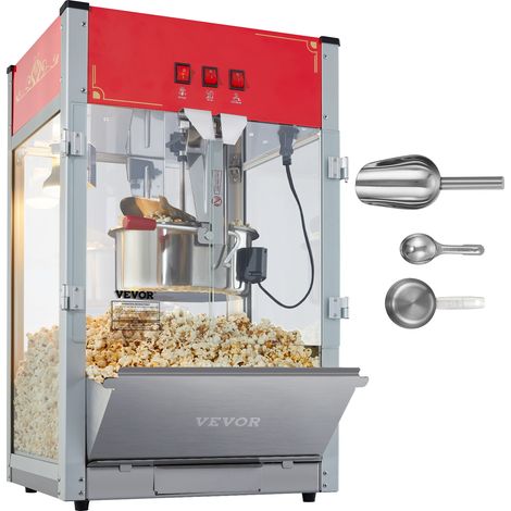 VEVOR Machine a Pop Corn 1440 W, Appareil a Pop-corn de Comptoir Electrique, Bol de 340 g pour 80 Tasses par Lot, avec Verre Trempe, 3 Cuilleres en Inox, Style Cinema, pour Fete Magasin Soiree, Rouge