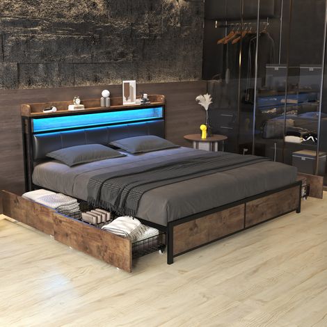 Bett 160x200cm, mit 4 Schubladen, LED-Beleuchtung, gepolsterte Kopfteil aus Kunstleder, Lattenrost, Metallrahmen, Doppelbett aus Holz - Schwarz