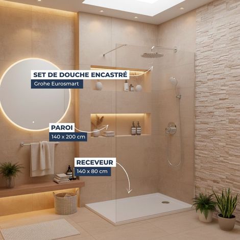 Dusch-Komplettset – Walk-In Duschwand 140x200 Chrom + Grohe Eurosmart 2 Strahlarten + Gussmarmor-Duschwanne Weiß 140x80 (1/5)