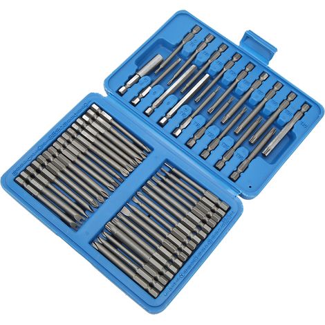 Set mit 50 extra langen Schraubendreherbits, Vierkant-, Flach-, Sechskant-, Riffel-, Torx- und Kupplungsformen, verschiedene Größen, Sicherheit, robuster Stahl. (1/5)
