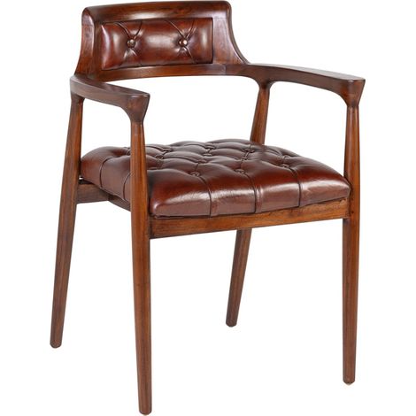 Chaise avec accoduoir bois massif vernis et cuir veritable capitonné Artano (1/5)