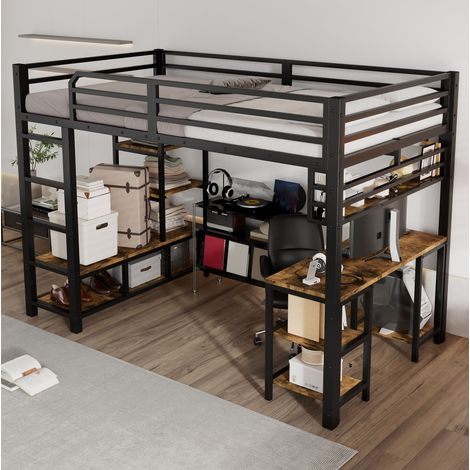 Cama alta 120x200 cm de metal y madera, negro y nogal oscuro, con escritorio, balda y escalera de 4 peldaños (1/5)