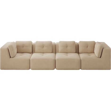 Canapé modulaire sans cadre, sofa d'angle avec élément d'angle, 4 places confortable à assise profonde, coussins moelleux et revêtement en velours côtelé, sans montage, antidérapant, beige. (1/5)