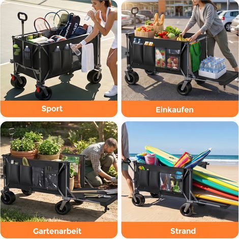 Carretto da giardino pieghevole con capiente vano da 300L+120L e ruote grandi universali, con cassone estensibile da 180 cm, colore nero (1/5)