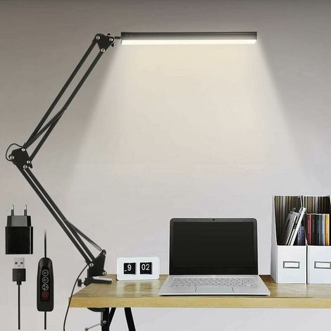 Lampe de bureau LED, lampe de bureau d'architecte pliable 14 W avec clip, 10 niveaux de luminosité x 3 modes de couleur, lampe de bureau réglable, protection des yeux (1/5)