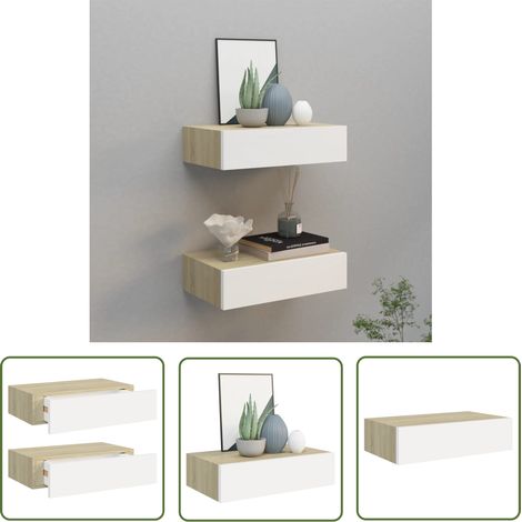 The Living Store Wandregale mit Schubladen 2 Stk. Eichen-Optik Weiß 40x23,5x10cm - Wand Regal - Regal Mit Schublade - Holz Regal - Eichene Optik - Wohnzimmer Möbel (1/5)