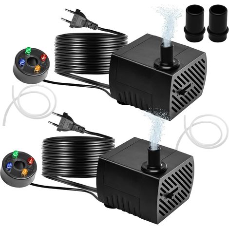 Lot de 2 mini pompes à eau 5 W - Pompe submersible silencieuse de jardin 350 l/h, mini pompe réglable avec buses et tuyau, pour fontaine, aquarium, étang, cascade, hauteur maximale de refoulement 85 (1/5)