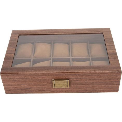 Uhrenaufbewahrungsbox aus Holz, PU-Leder, Glasdeckel, herausnehmbare Kissen, ideales Valentinstagsgeschenk, 10 Fächer.