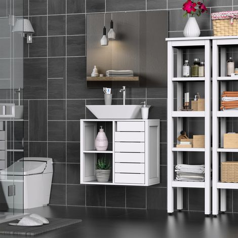 Meuble lavabo suspendu compact 2 étagères ouvertes zone fermée 60x30x54 cm blanc