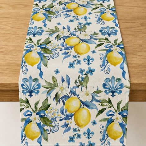 Chemin de Table Citron d'Été, 33×183cm, Décoration de Table en Lin Lavable, Accessoire de Cuisine Citron pour la Maison, Fêtes, Vacances (1/5)